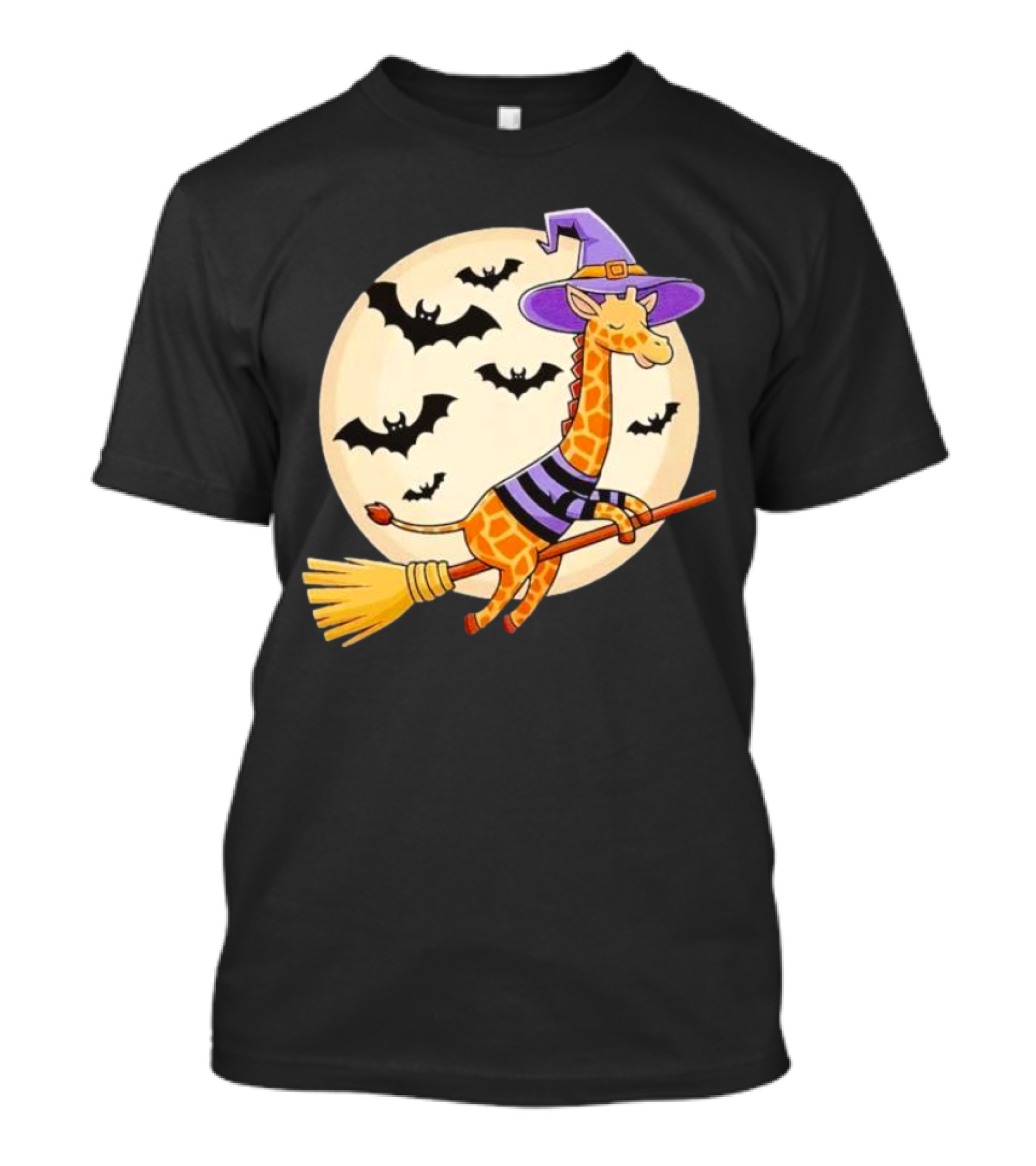 Giraffe Riding Witch Broom With Bats And Full Moon Halloween T-Shirt