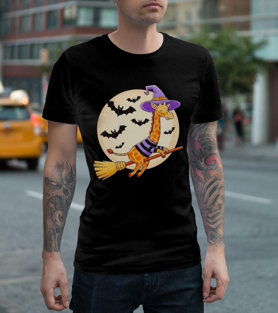 Giraffe Riding Witch Broom With Bats And Full Moon Halloween T-Shirt