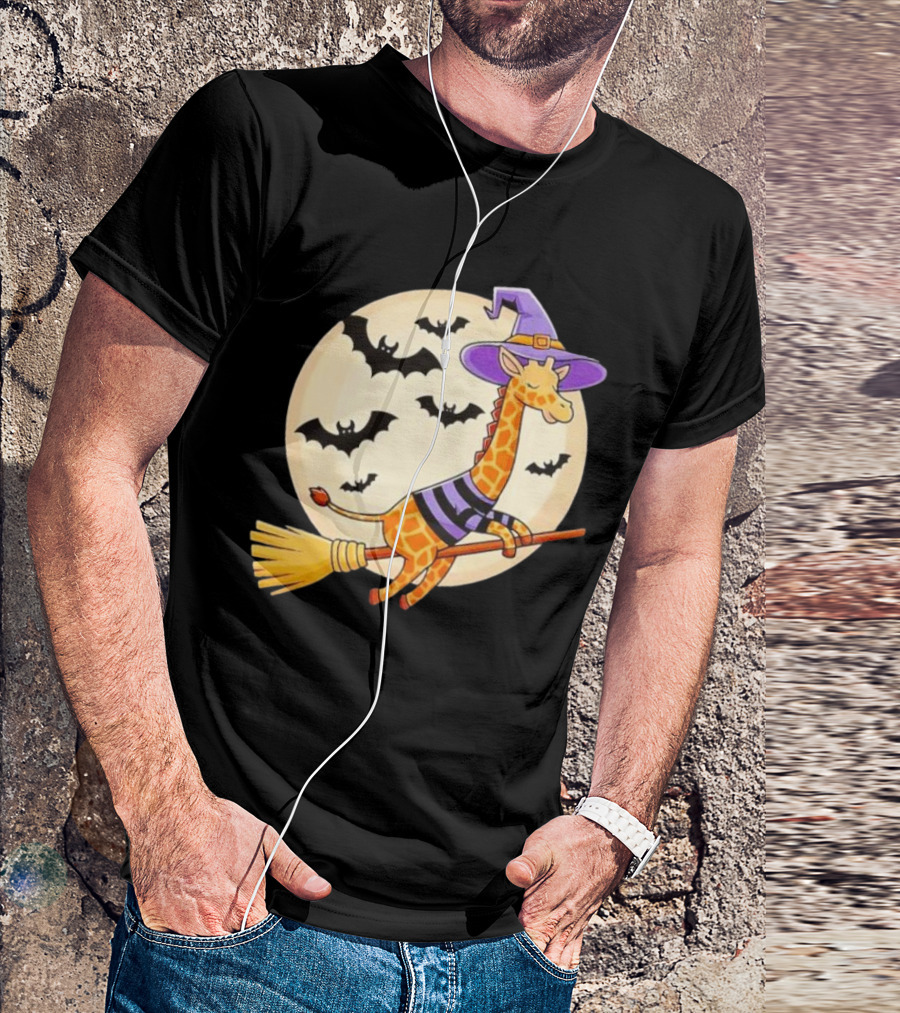 Giraffe Riding Witch Broom With Bats And Full Moon Halloween T-Shirt