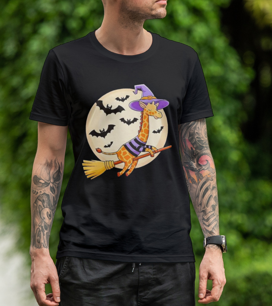 Giraffe Riding Witch Broom With Bats And Full Moon Halloween T-Shirt
