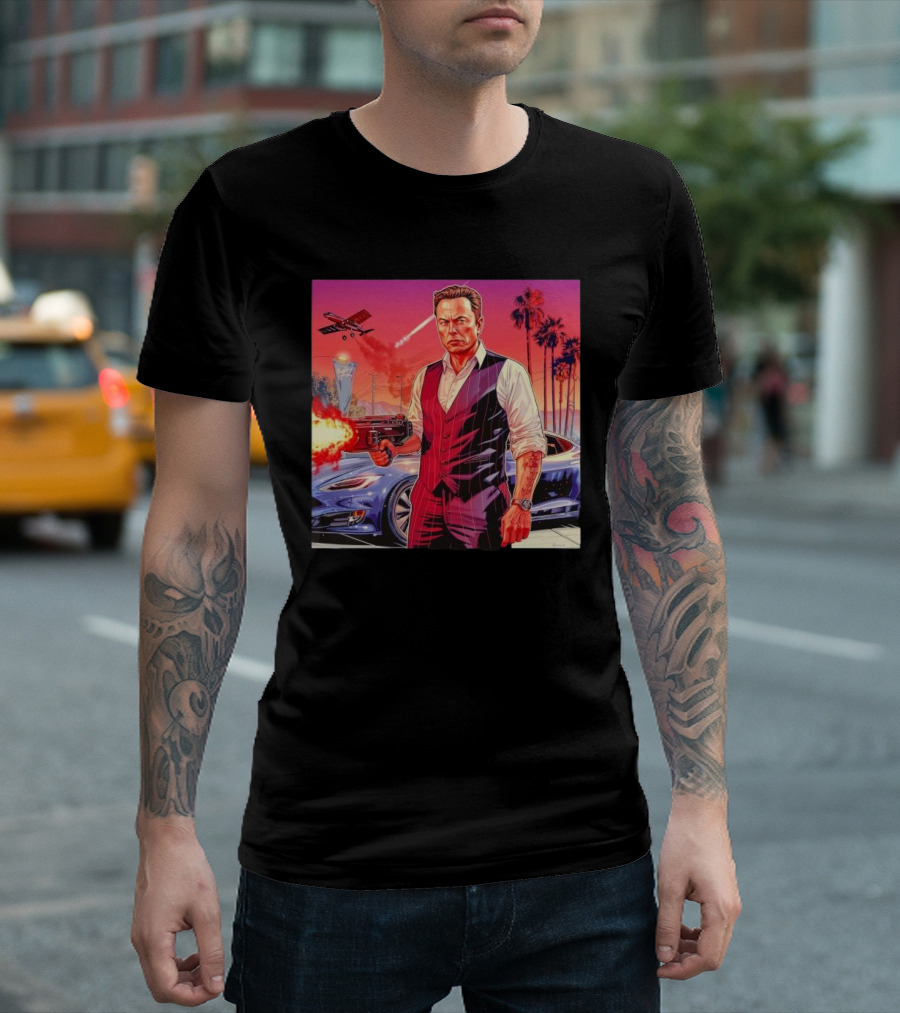 Grand Theft Auto Elon Musk Sunset Shootout With Palm Trees And Jetstream T-Shirt