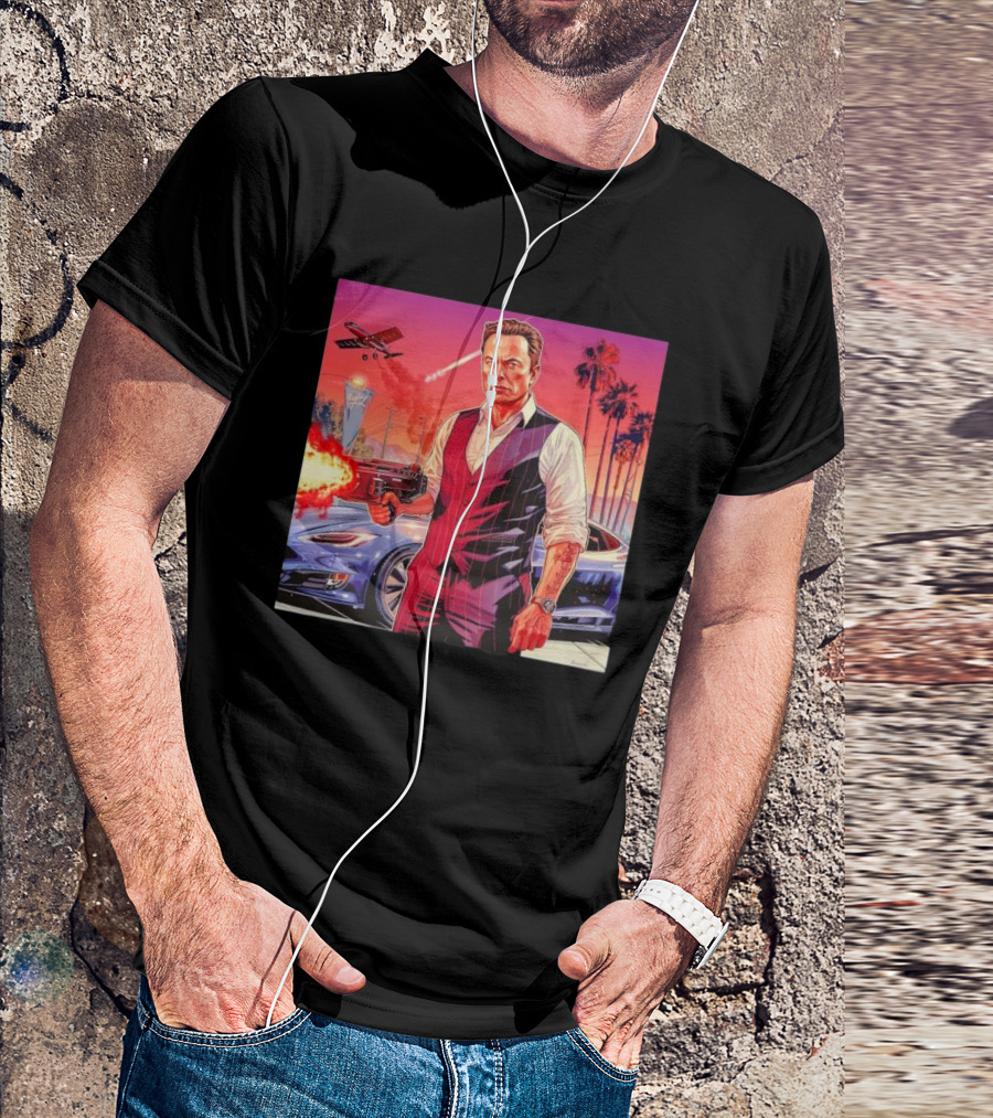 Grand Theft Auto Elon Musk Sunset Shootout With Palm Trees And Jetstream T-Shirt