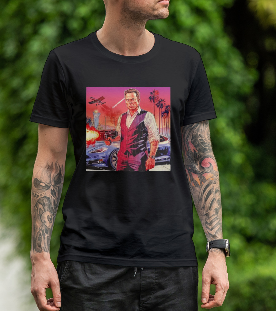 Grand Theft Auto Elon Musk Sunset Shootout With Palm Trees And Jetstream T-Shirt