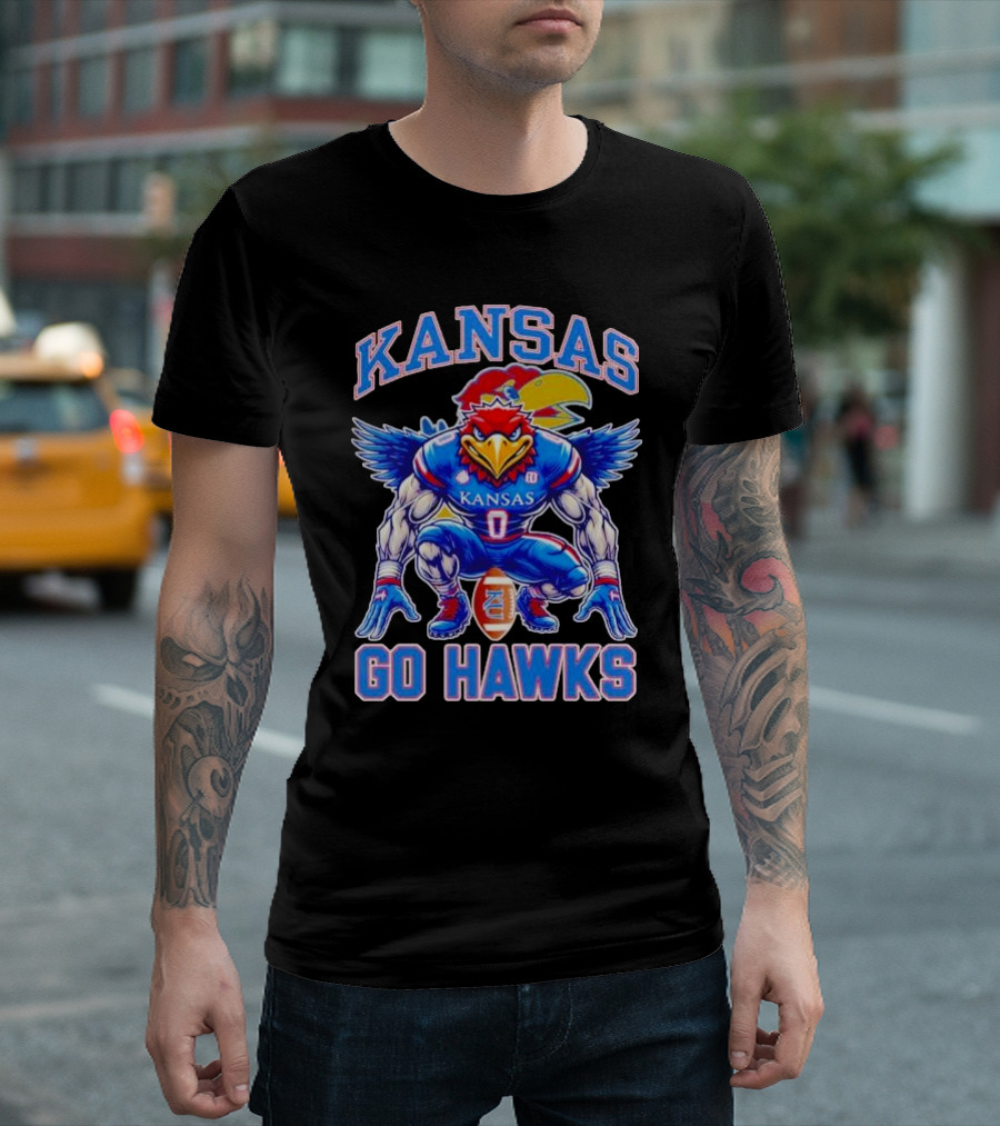 Kansas Jayhawks Go Hawks Fierce Mascot Football T-Shirt