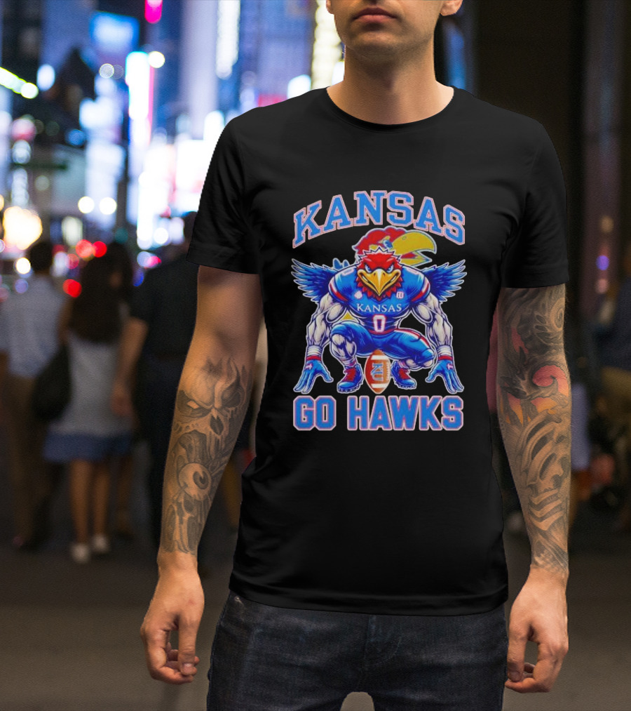 Kansas Jayhawks Go Hawks Fierce Mascot Football T-Shirt