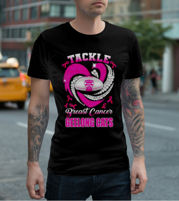 Tackle Breast Cancer Geelong Cats Pink Ribbon Football Heart T-Shirt