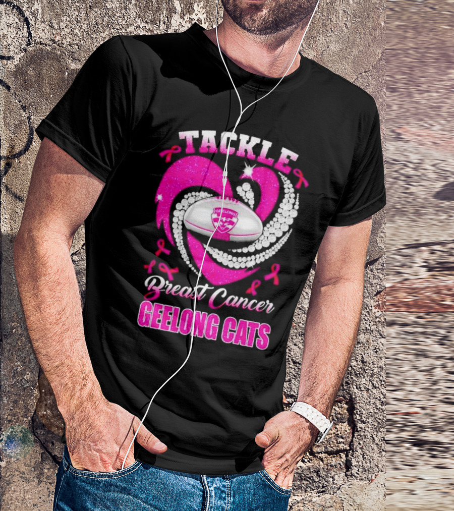 Tackle Breast Cancer Geelong Cats Pink Ribbon Football Heart T-Shirt