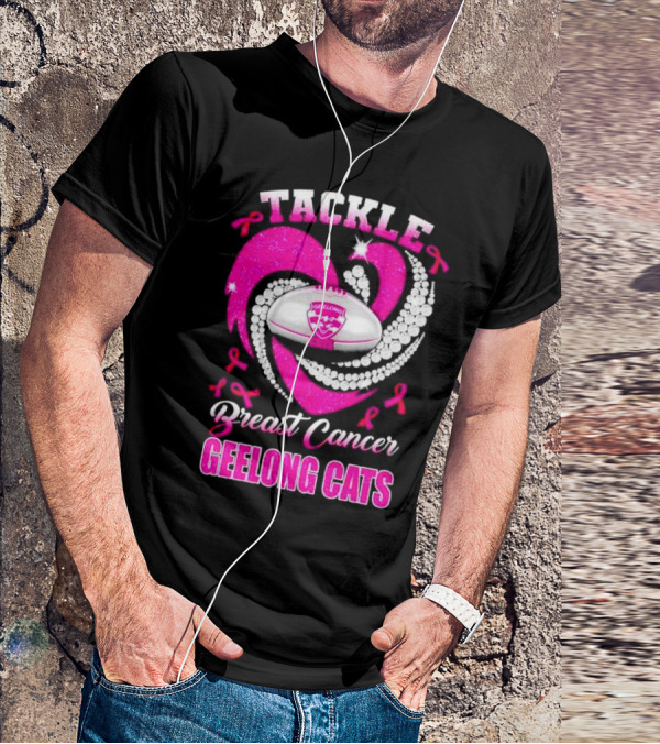 Tackle Breast Cancer Geelong Cats Pink Ribbon Football Heart T-Shirt