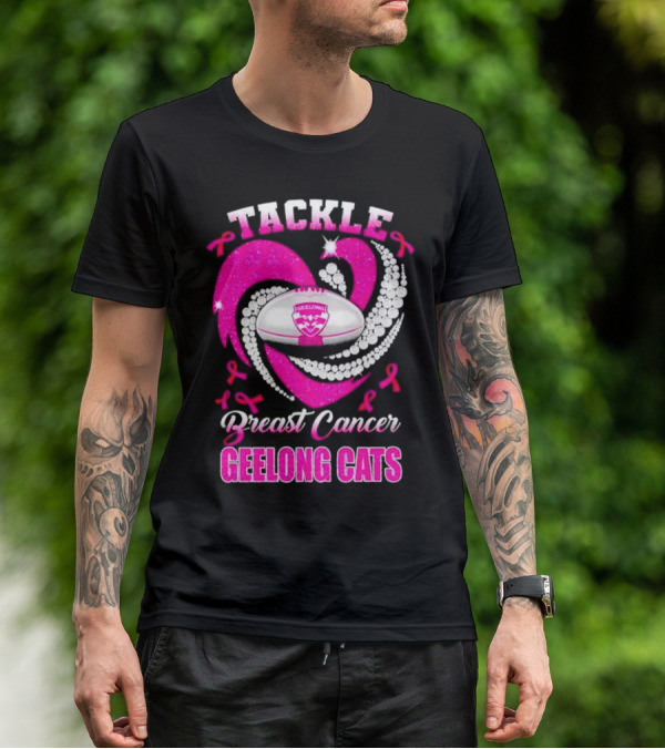 Tackle Breast Cancer Geelong Cats Pink Ribbon Football Heart T-Shirt
