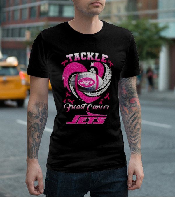 Tackle Breast Cancer New York Jets Football Heart Pink Ribbons T-Shirt