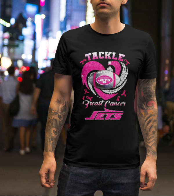 Tackle Breast Cancer New York Jets Football Heart Pink Ribbons T-Shirt