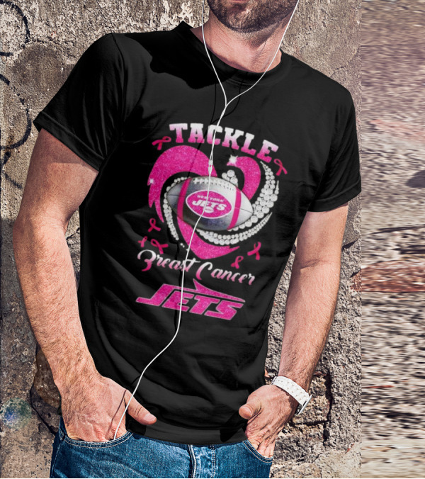 Tackle Breast Cancer New York Jets Football Heart Pink Ribbons T-Shirt