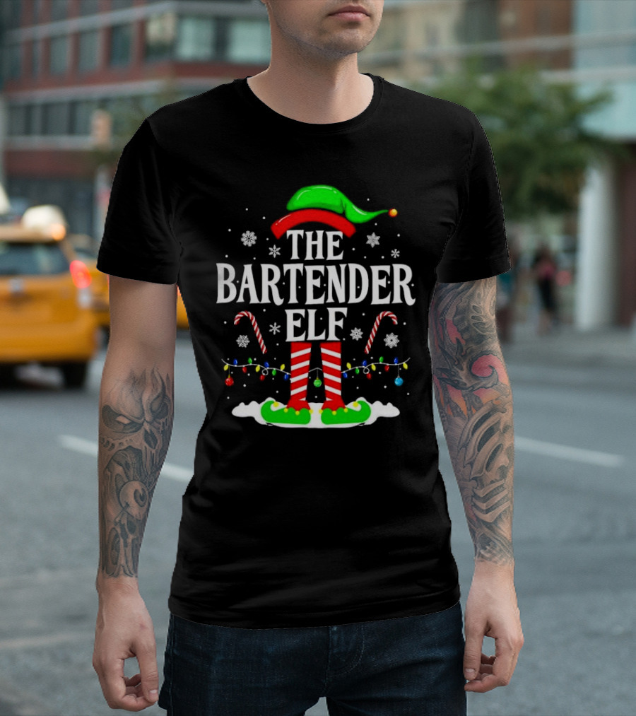 The Bartender Elf Christmas Candy Canes Festive Lights And Snowflakes T-Shirt