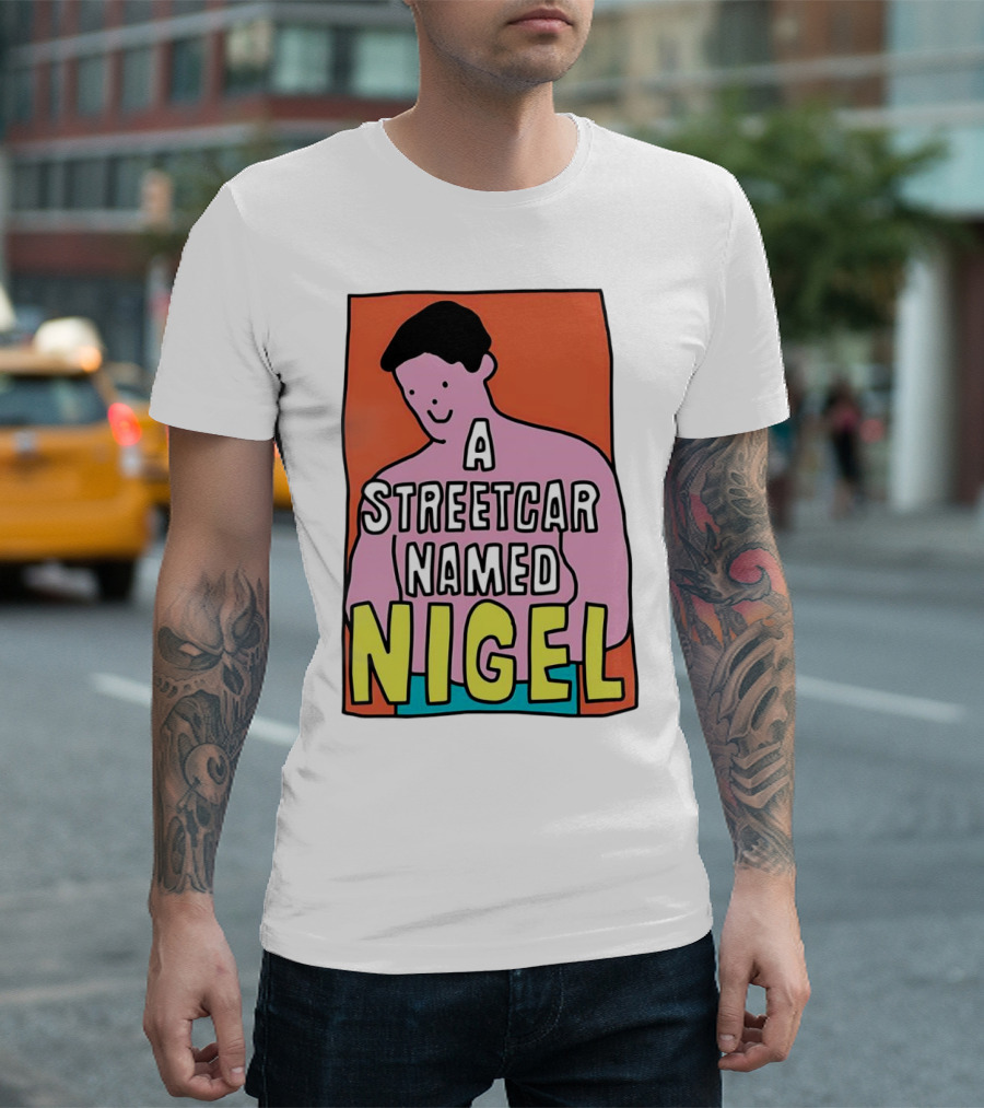 A Streetcar Named Nigel Pink Cartoon Character with Orange Background T-Shirt