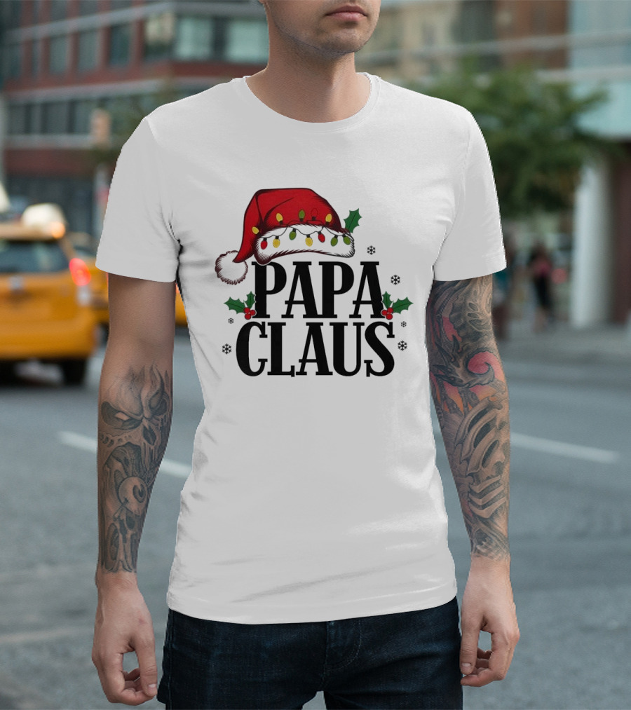 Papa Claus Christmas Santa Hat Holly Lights Snowflakes T-Shirt
