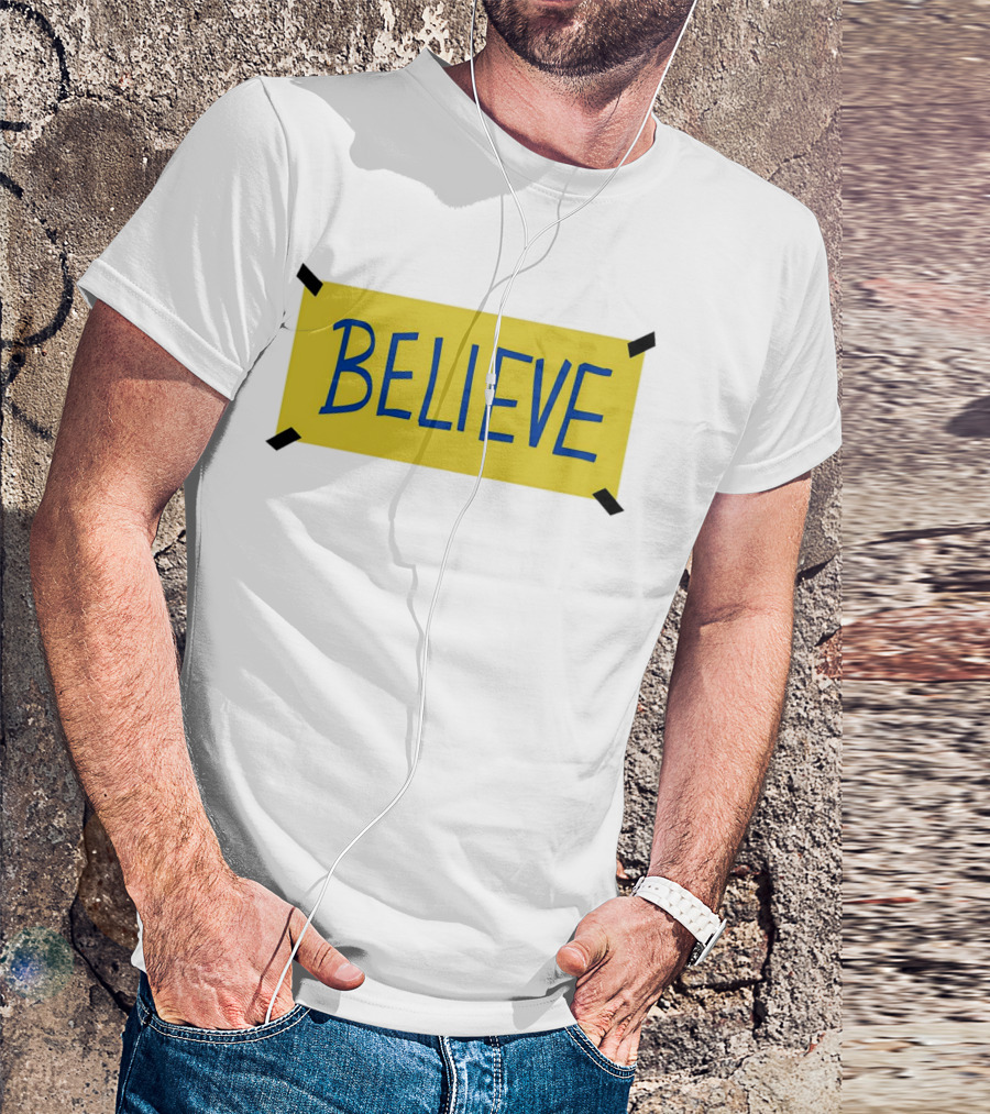 Ted Lasso Believe Sign Taped Yellow Background T-Shirt