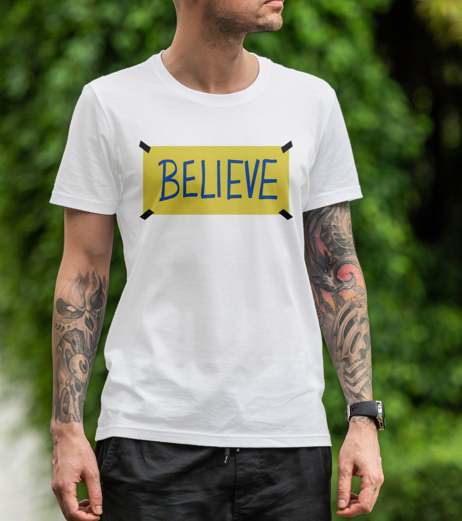 Ted Lasso Believe Sign Taped Yellow Background T-Shirt