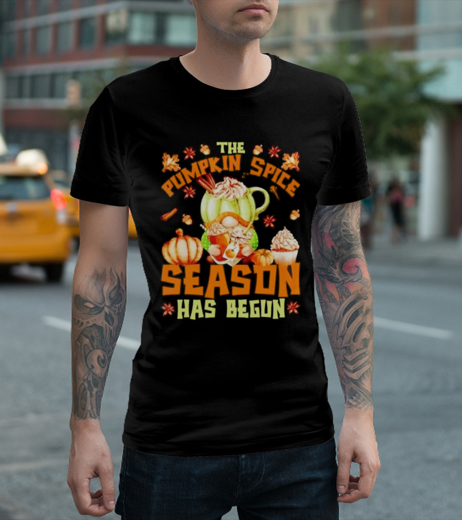 The Pumpkin Spice Season Has Begun Fall Season Gnome Cupcake Pumpkin Leaves T-Shirt