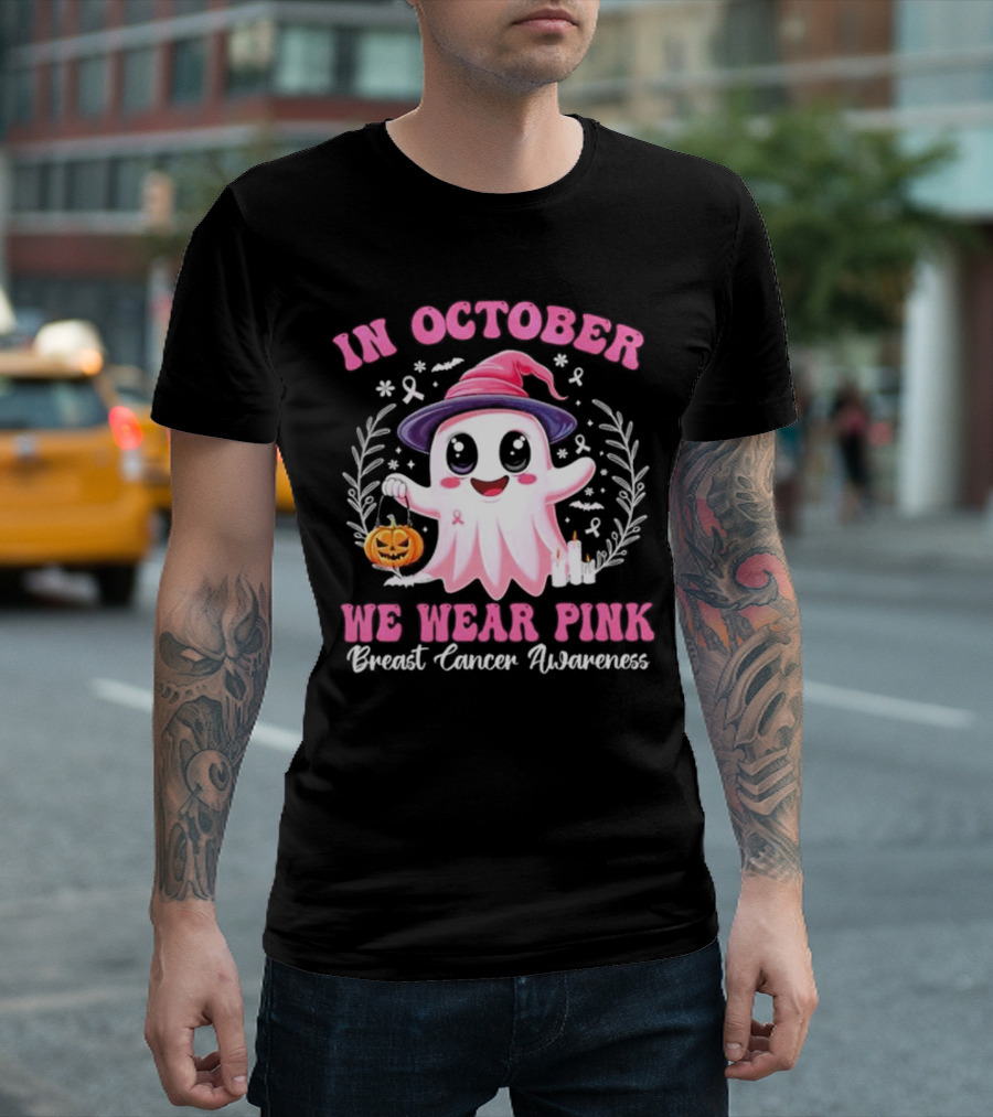 In October We Wear Pink Breast Cancer Awareness Ghost Halloween T-Shirt