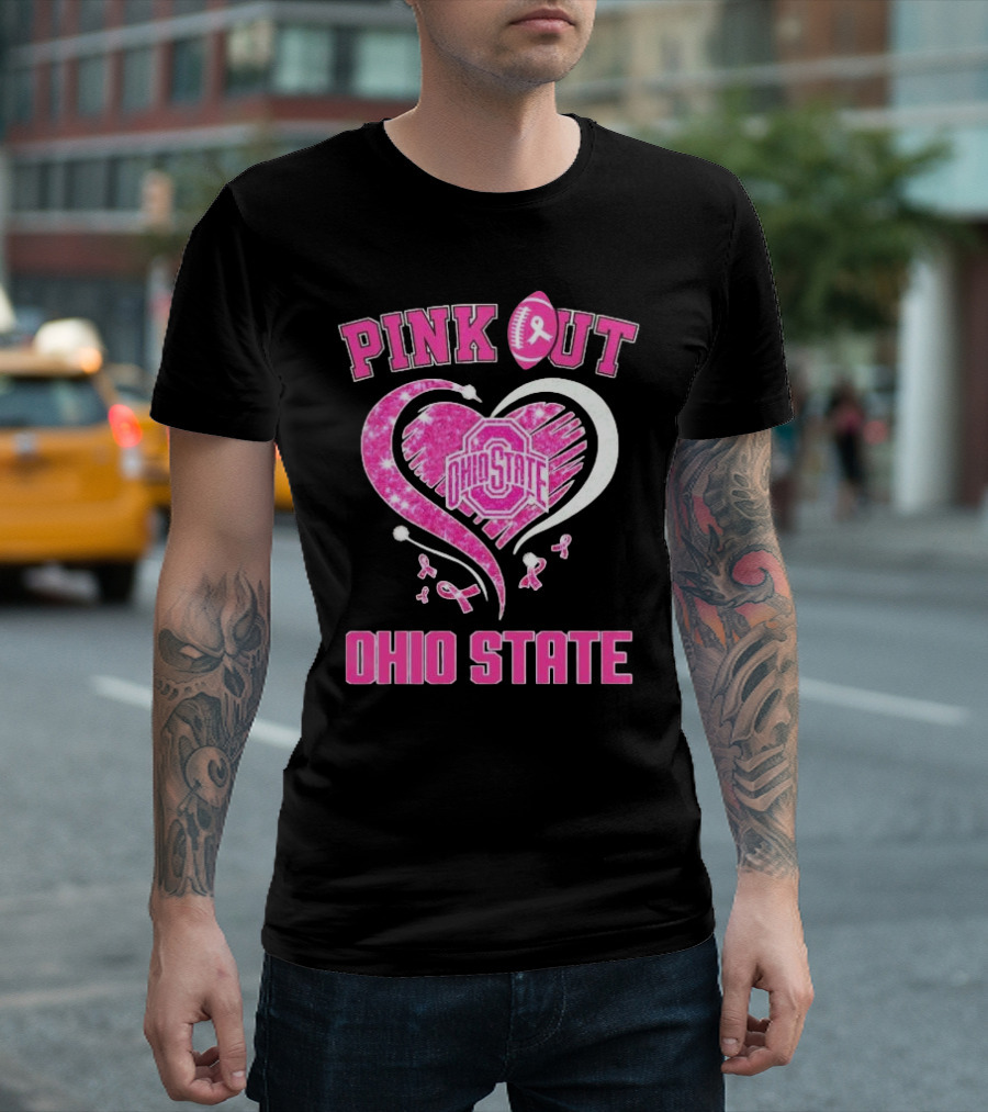 Ohio State Pink Out Breast Cancer Heart Football T-Shirt