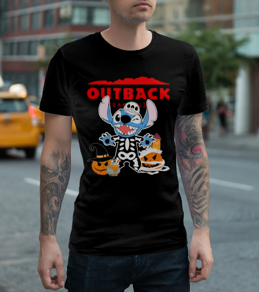 Outback Steakhouse Halloween Skeleton Stitch With Pumpkins T-Shirt