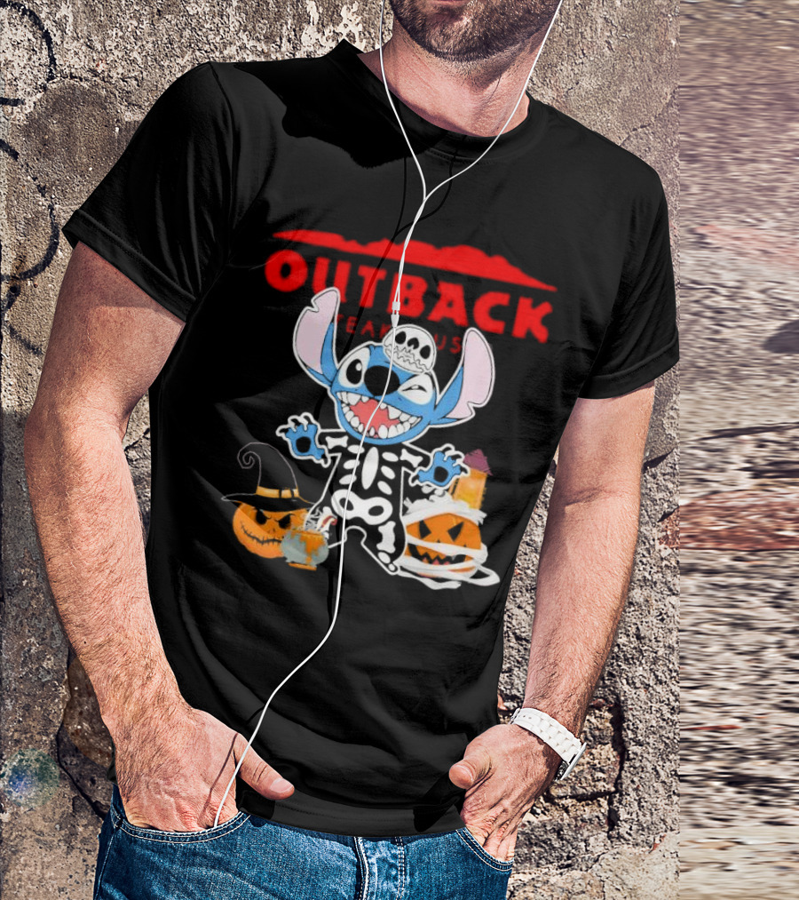 Outback Steakhouse Halloween Skeleton Stitch With Pumpkins T-Shirt