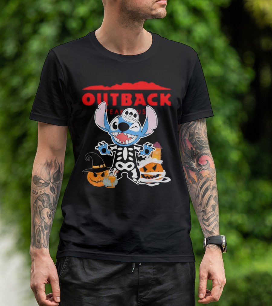 Outback Steakhouse Halloween Skeleton Stitch With Pumpkins T-Shirt