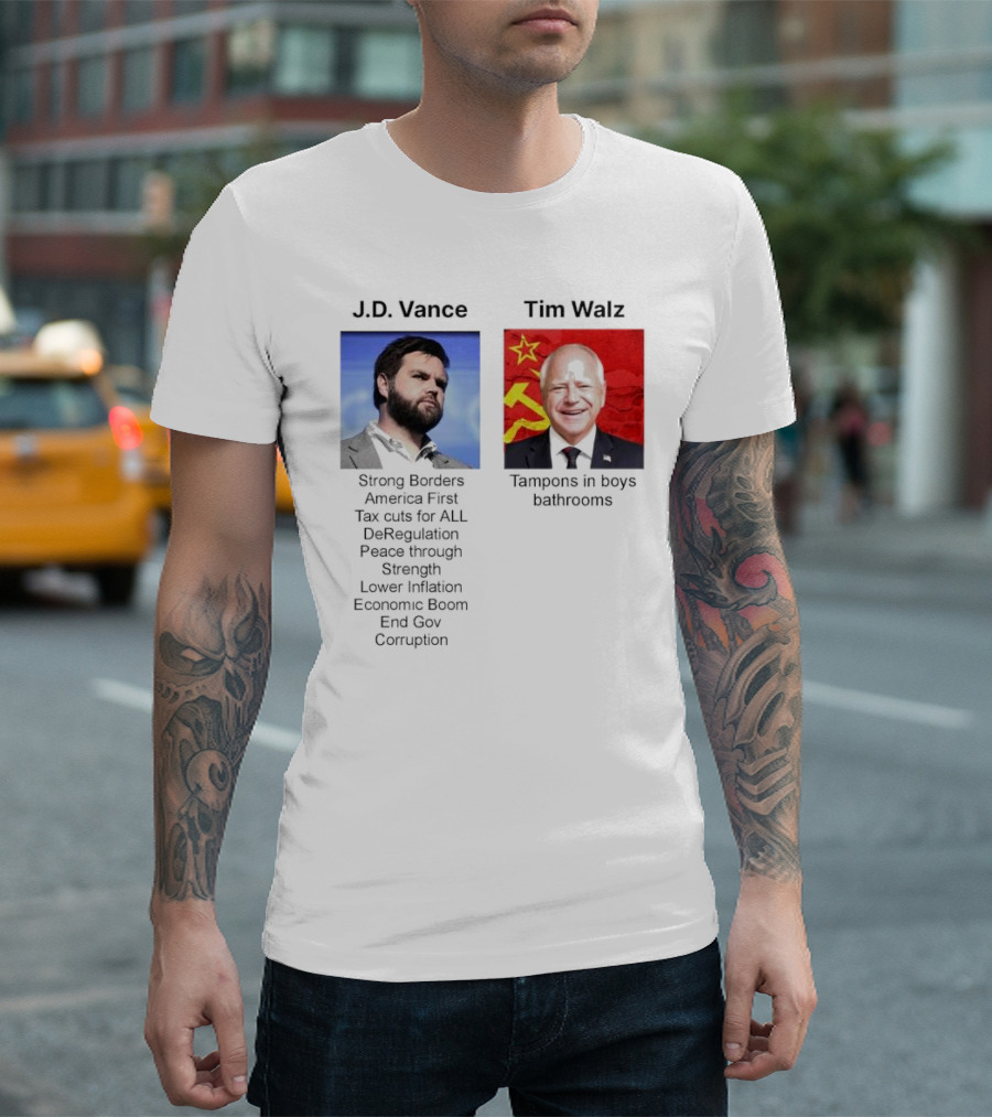 J.D. Vance America First Strong Borders Tax Cuts Deregulation Tim Walz Tampons in Boys Bathrooms Lower Inflation Economic Boom T-Shirt