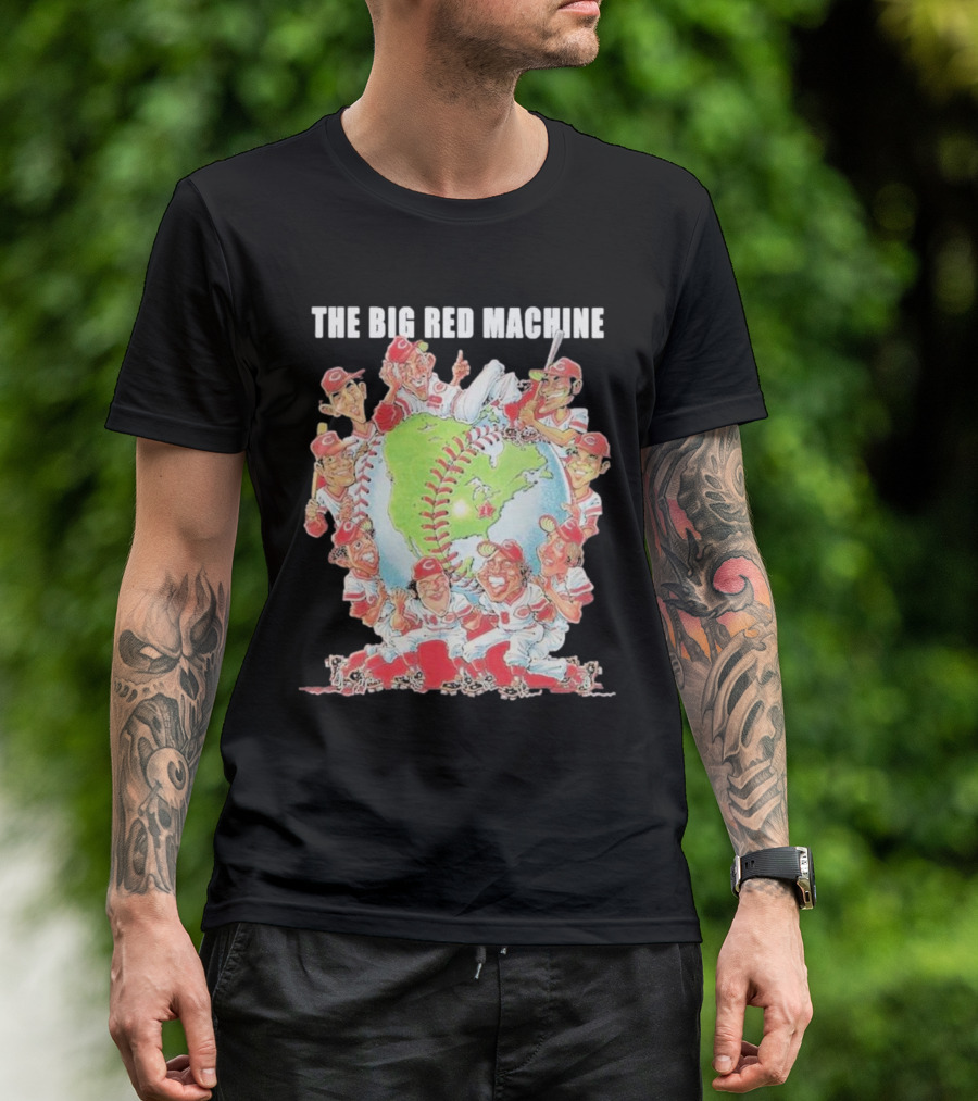 The Big Red Machine Cincinnati Reds Legends Baseball Globe Caricature T-Shirt