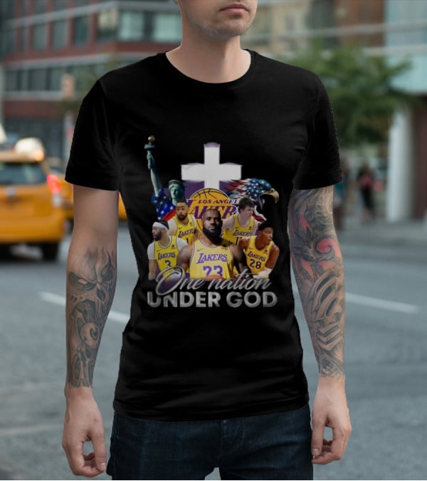 Los Angeles Lakers One Nation Under God Statue of Liberty Cross Eagle Basketball Players T-Shirt