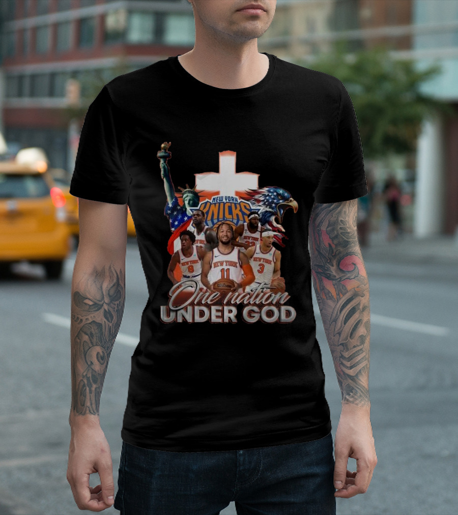 New York Knicks One Nation Under God Statue Of Liberty American Eagle Basketball Players T-Shirt