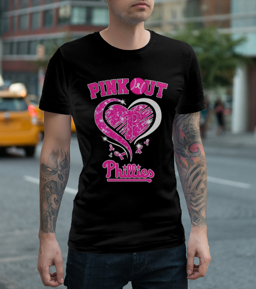 Philadelphia Phillies Pink Out Breast Cancer Heart T-Shirt