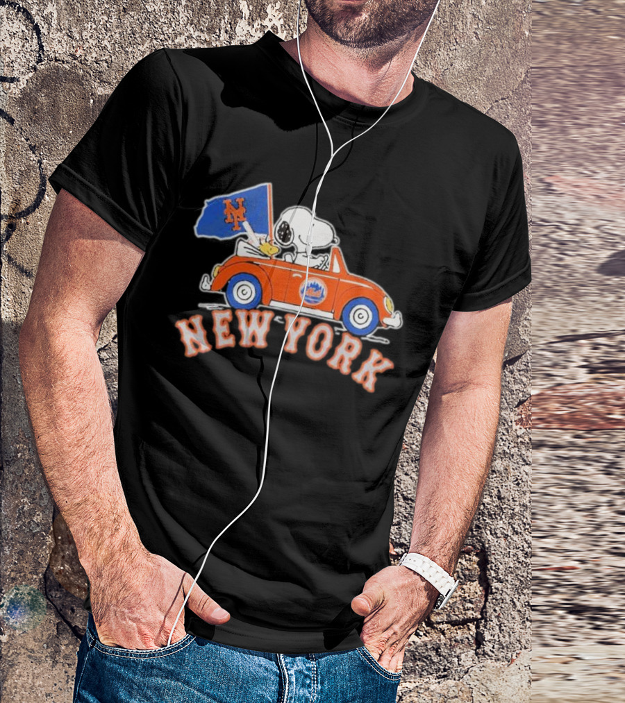 Snoopy Driving Car With New York Mets Flag T-Shirt