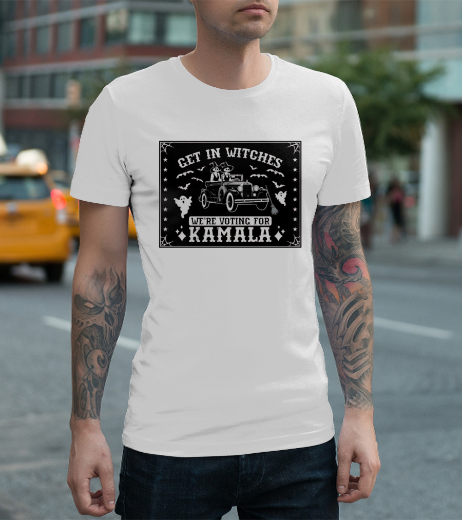 Get In Witches We're Voting For Kamala Halloween Ghosts Bats Car Witches Broomsticks T-Shirt