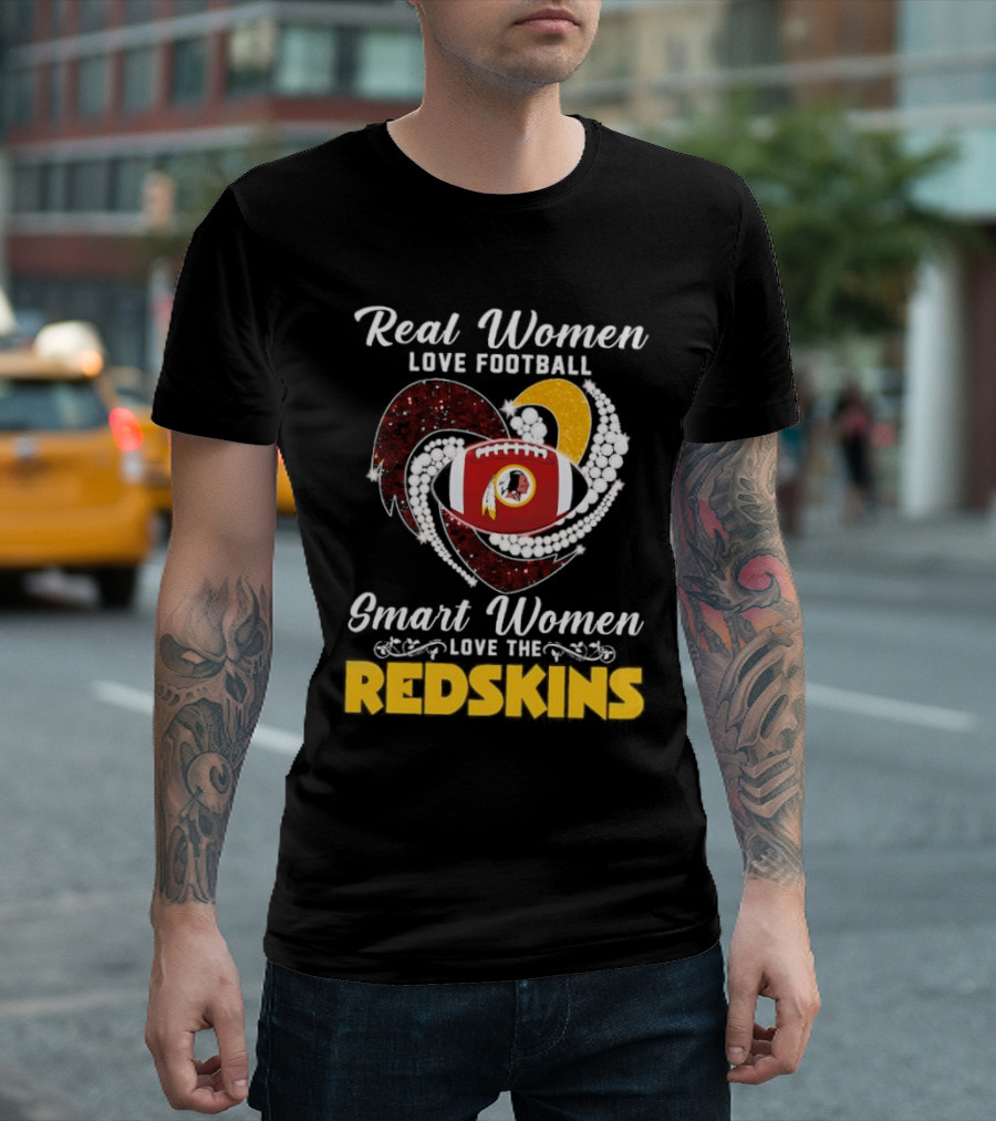 Real Women Love Football Smart Women Love The Redskins Diamond Heart T-Shirt