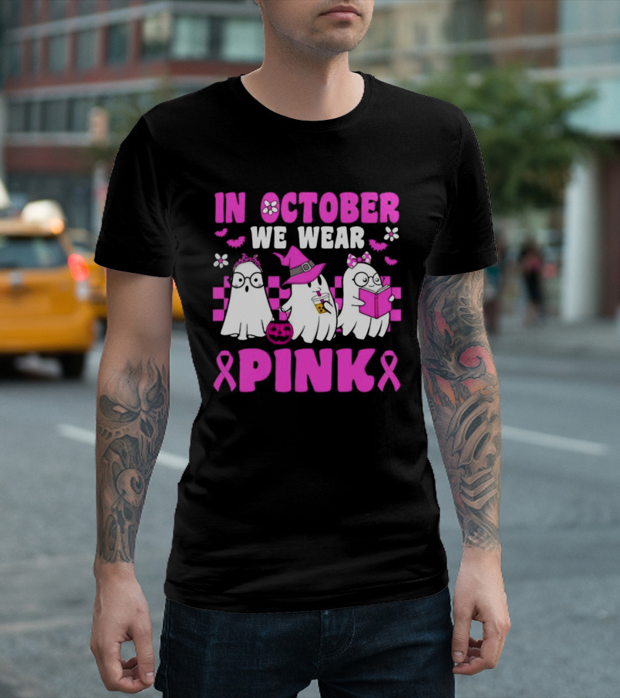 In October We Wear Pink Breast Cancer Awareness Groovy Ghosts Halloween T-Shirt