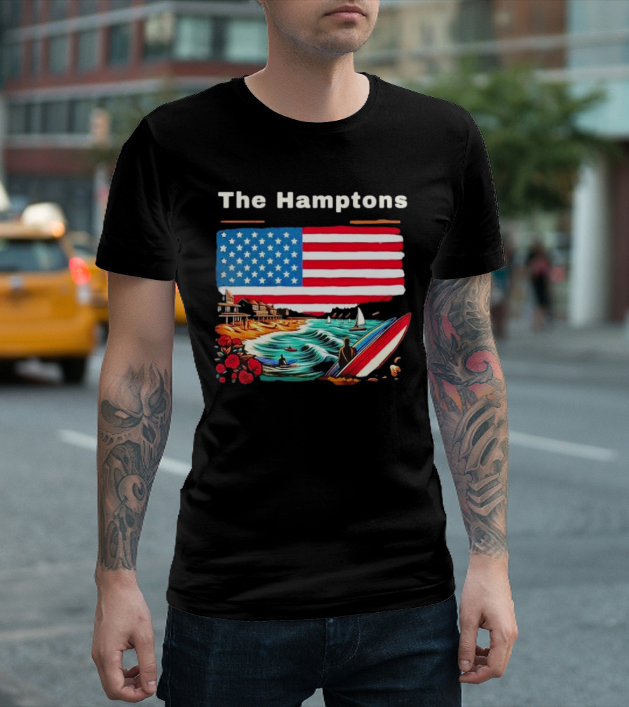 The Hamptons American Flag Beach Oceanside Surfing Scene T-Shirt