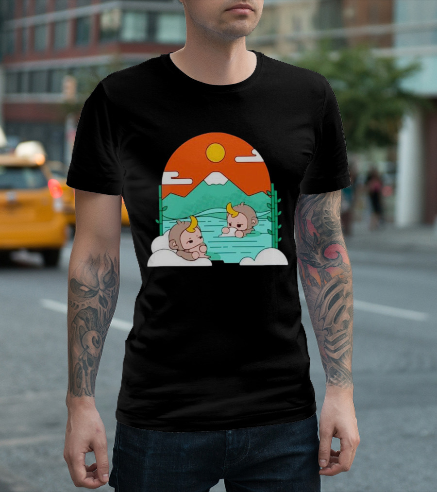 The Tranquil Monkey Hot Spring Relaxation Scene with Mountains and Sun T-Shirt