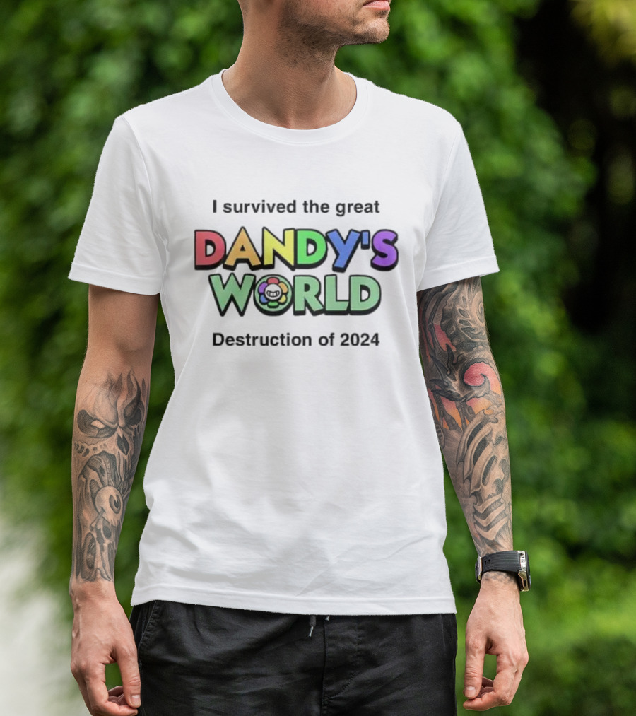 I Survived The Great Dandy's World Destruction Of 2024 With Rainbow Flower Emblem T-Shirt