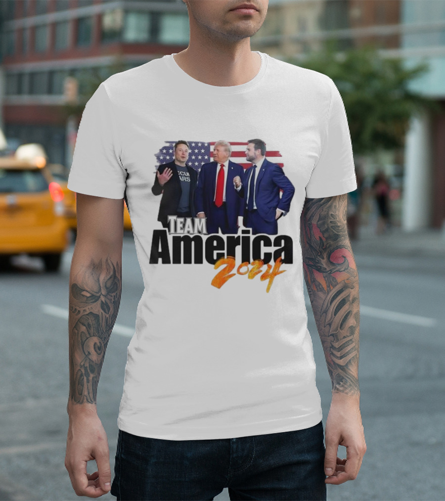 Team America 2024 Musk Trump Vance American Flag Background T-Shirt