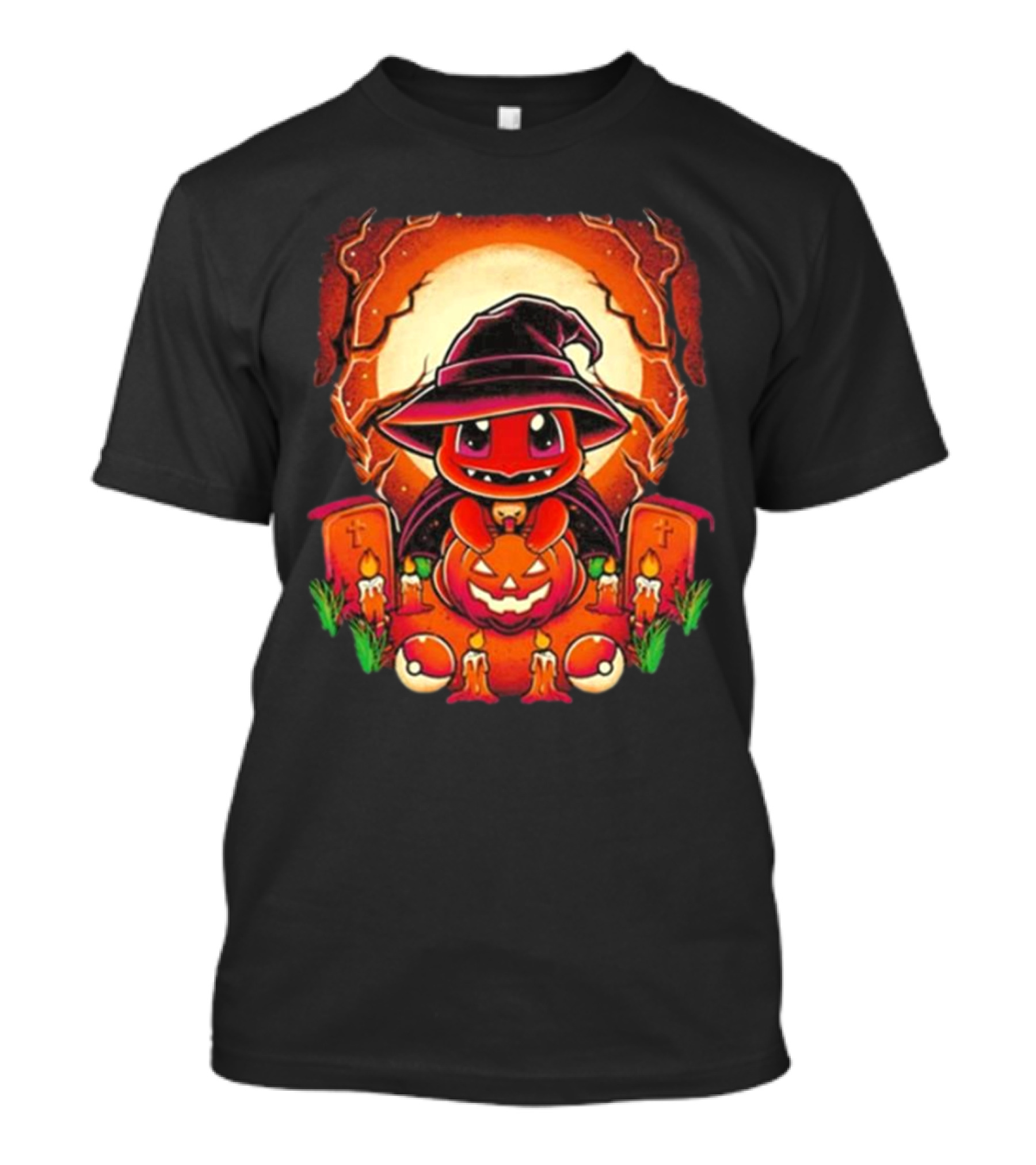 Charmander Halloween Pumpkin Witch Hat Graveyard Retro T-Shirt