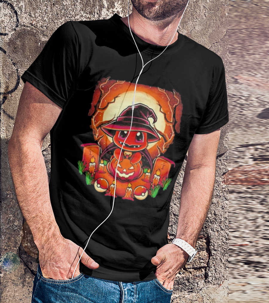 Charmander Halloween Pumpkin Witch Hat Graveyard Retro T-Shirt