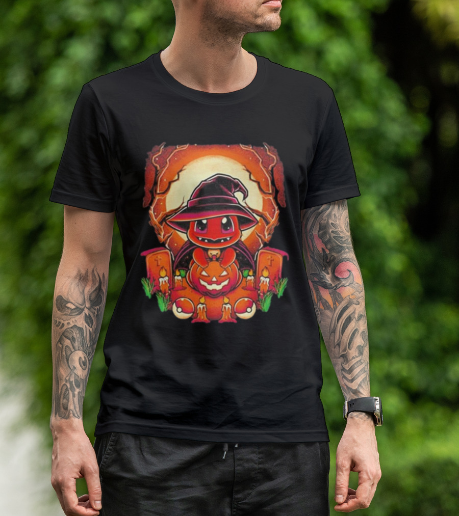 Charmander Halloween Pumpkin Witch Hat Graveyard Retro T-Shirt