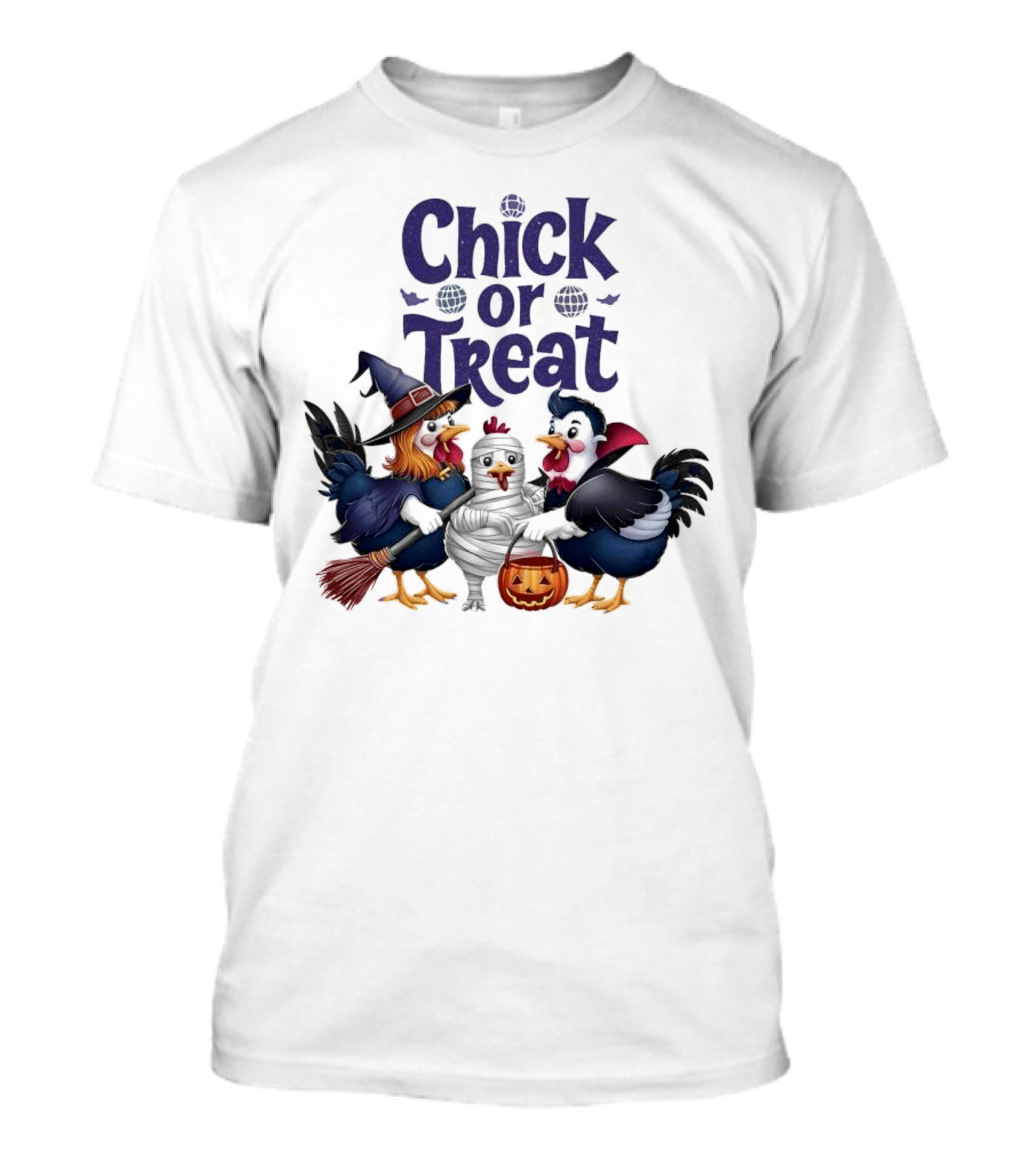Chick Or Treat Halloween Chickens In Witch Costumes With Broom Mummy And Pumpkin T-Shirt