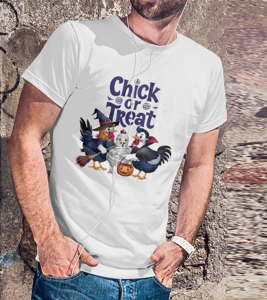 Chick Or Treat Halloween Chickens In Witch Costumes With Broom Mummy And Pumpkin T-Shirt