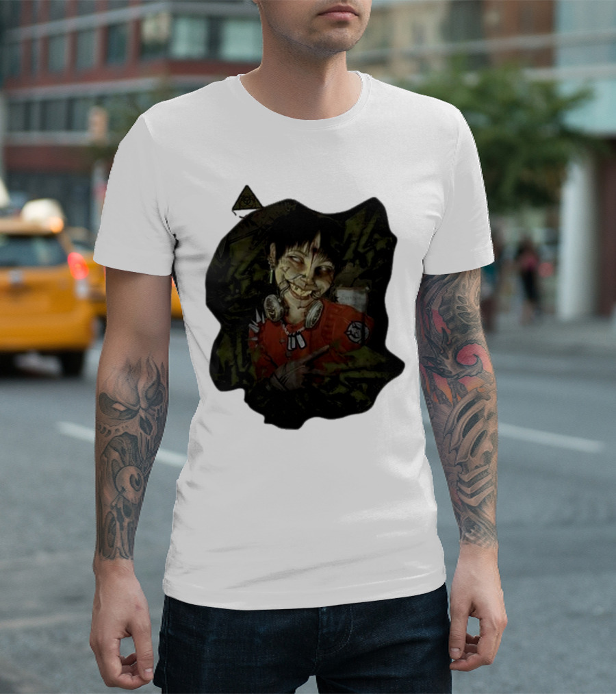 MG Ultra Kid Smiling Masked Figure with Red Outfit and Gas Mask Elements T-Shirt