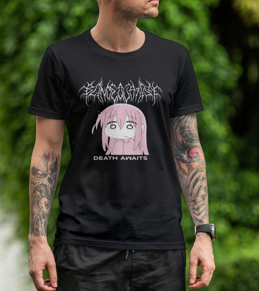 Bejalvin Death Awaits Pink Anime Character With Metal Band Style Lettering T-Shirt