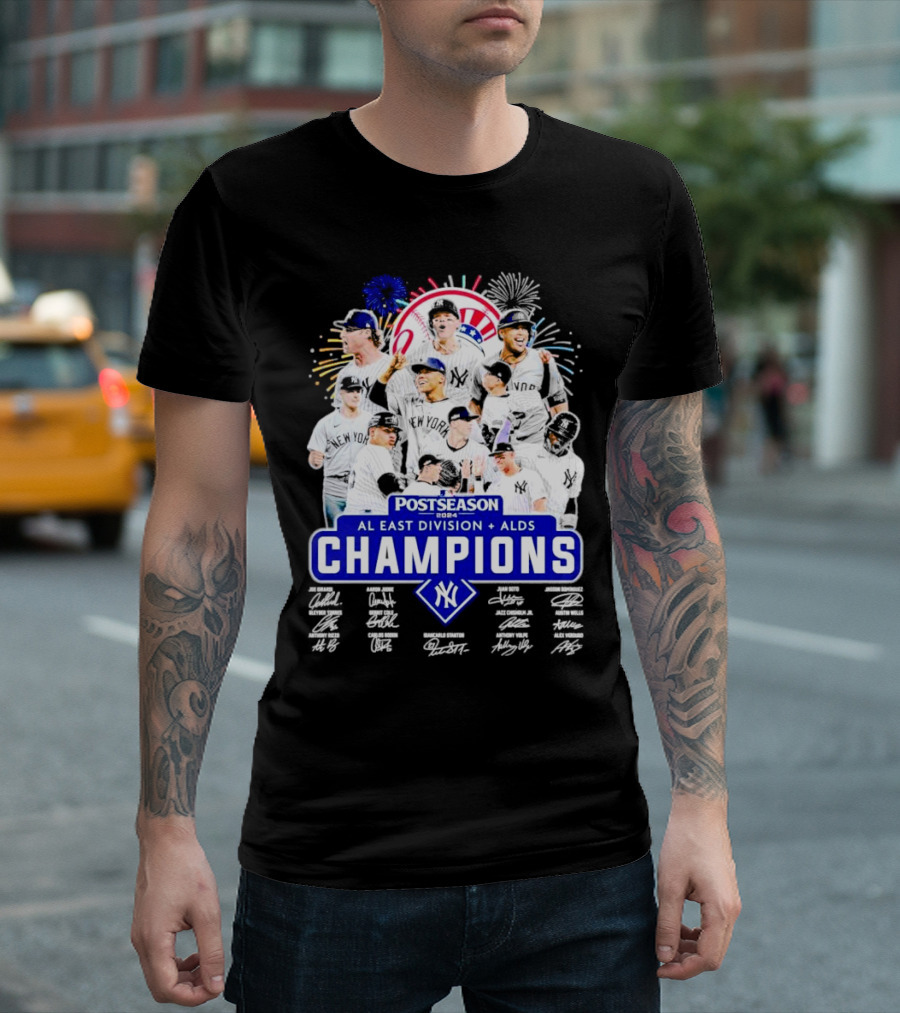 New York Yankees Postseason 2024 AL East Division ALDS Champions Signatures Players Fireworks T-Shirt