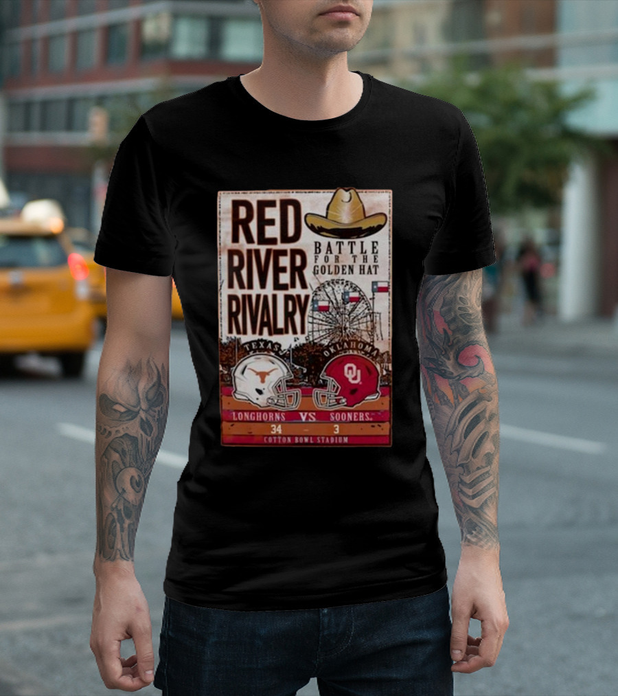 Texas Longhorns vs Oklahoma Sooners 2024 Red River Rivalry Battle For The Golden Hat at Cotton Bowl Stadium T-Shirt