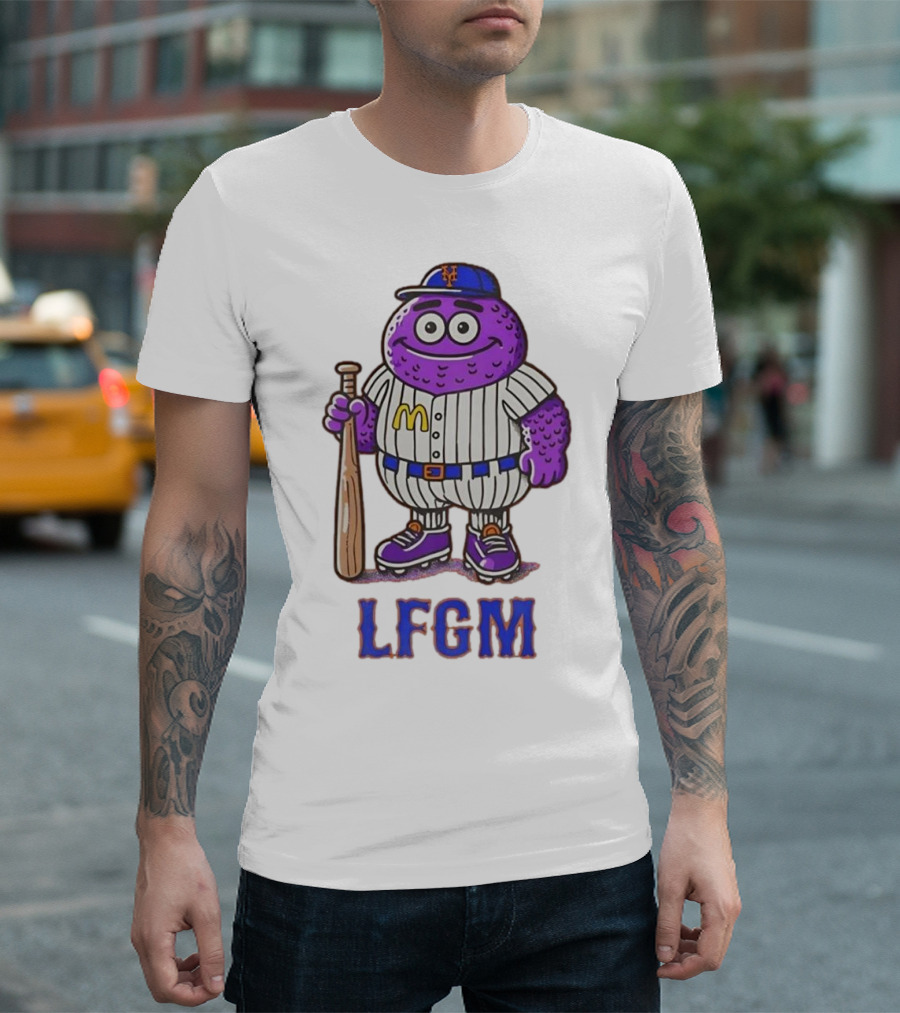 LFGM New York Mets Grimace Cartoon Baseball Bat Character T-Shirt